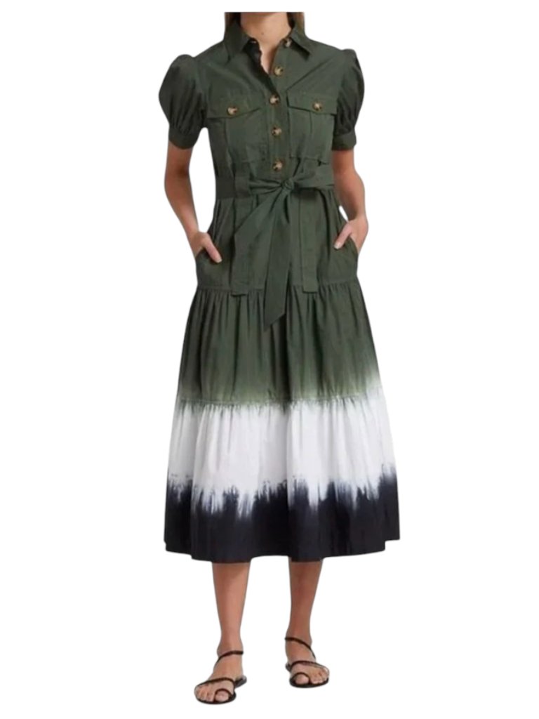 Derek Lam 10 Crosby Buffy Utility Shirt Dress Womens 0 Green Tie Dye Midi Cotton